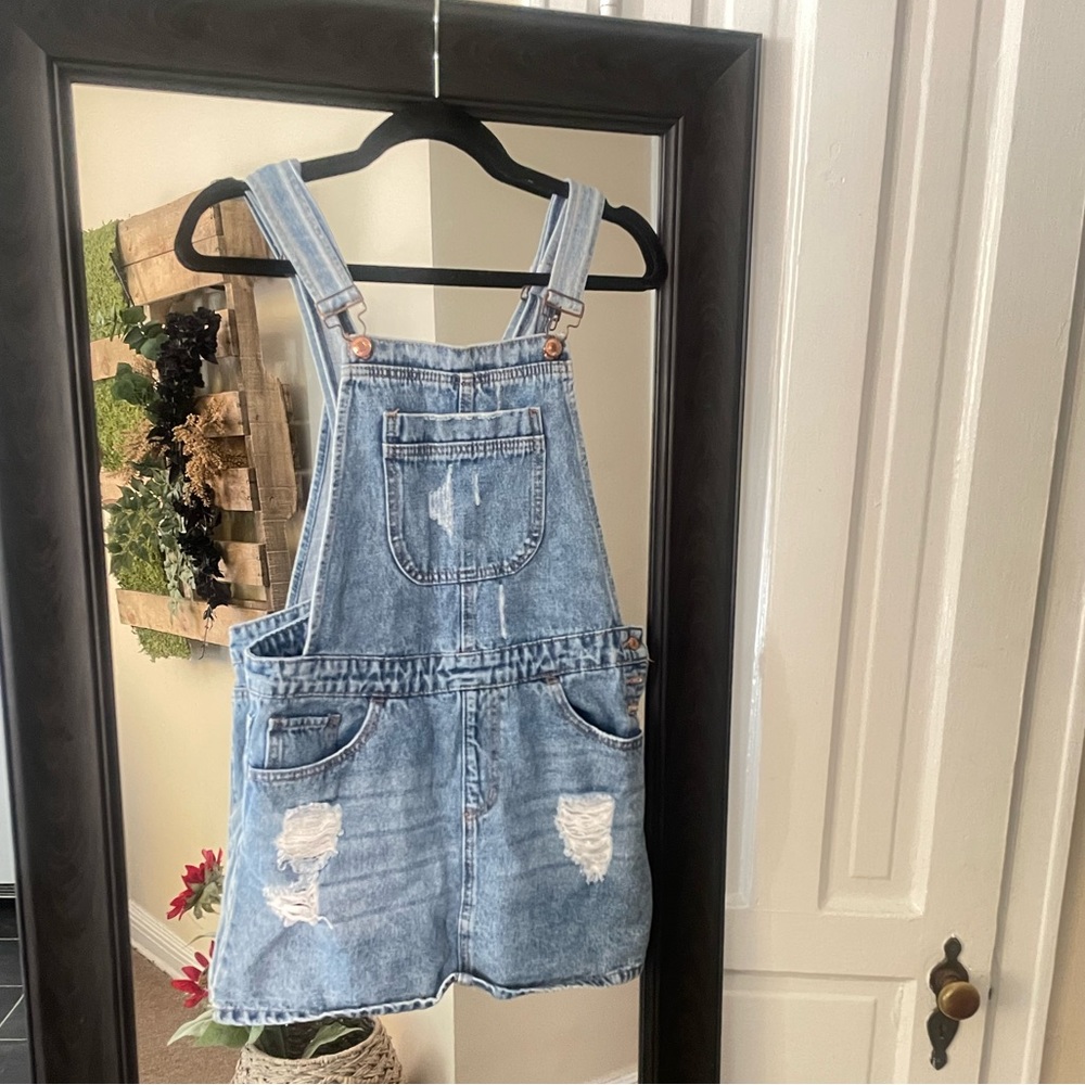 Forever 21 Distressed Mini Overall Dress Denim - Picture 3 of 7